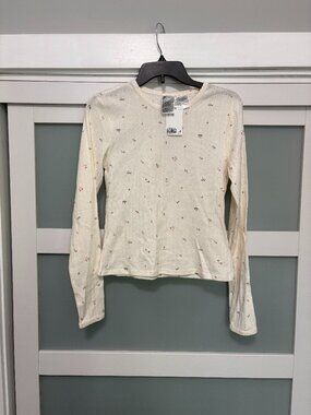 H&M Henley Cream Pink Flowers Ladies Shirt L/S Ribbed NWT NEW  sz M